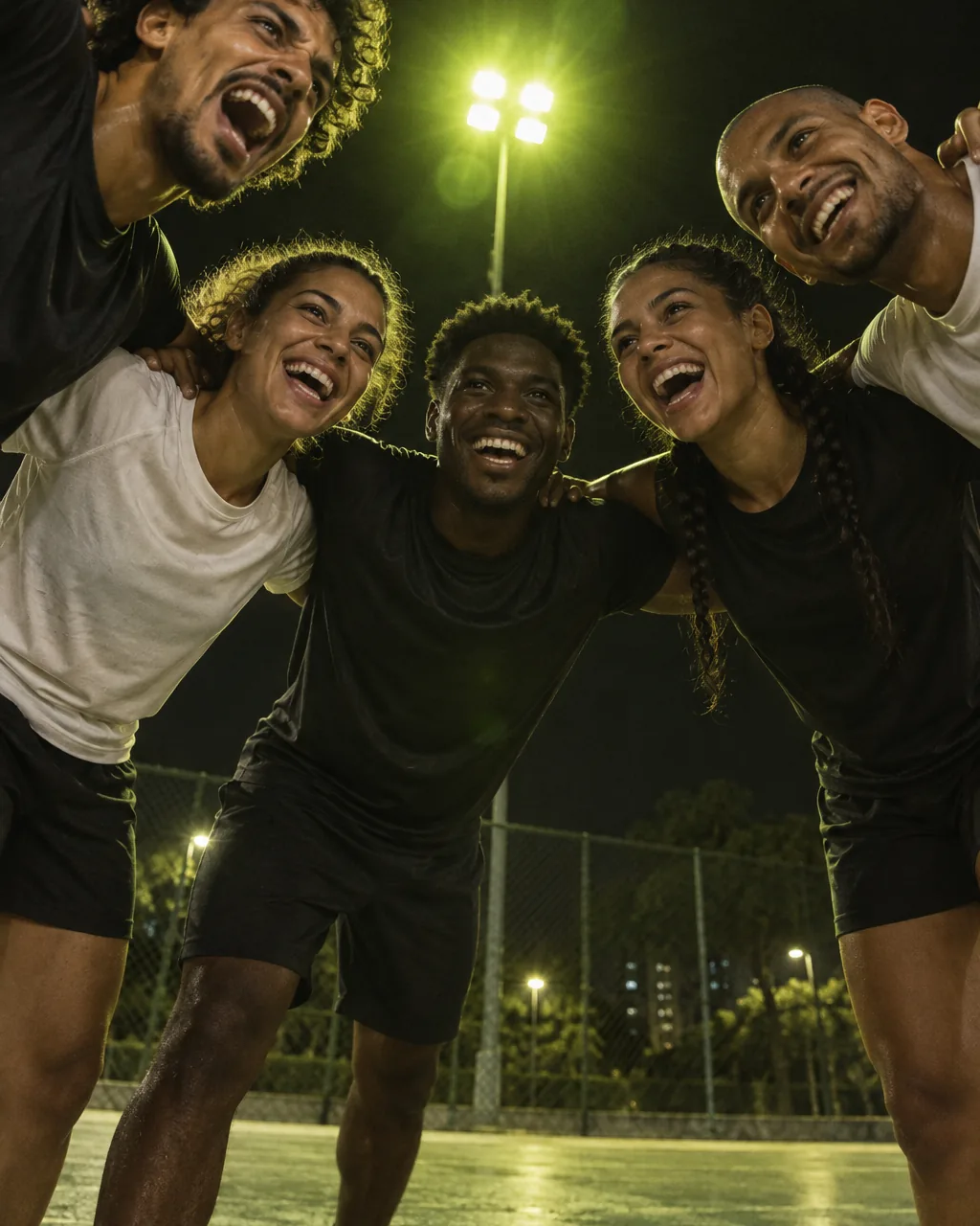 Amigos abraçados numa roda antes do jogo, sob os refletores